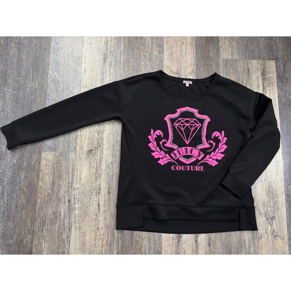 Juicy Couture Black‎ Pink Rhinestone Diamond Crest Sweatshirt XL Pullover Logo